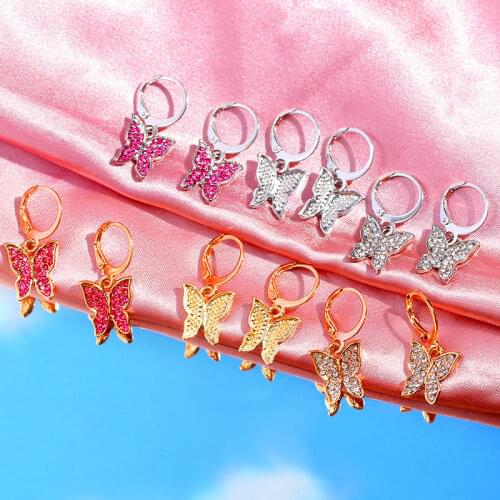 BYNOUCK Vintage Metal Crystal Butterfly Pendant Earrings For Women Bling Bling Dangle Earring 2020 New Female Party Gift Jewelry