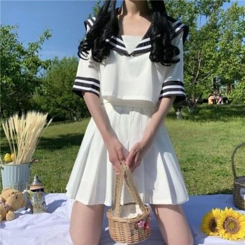 Japanese Style Sweet JK Uniform Pleated Skirt Suit 2021 Navy Collar Contrast Color Tops and Mini Skirts 2 Piece Sets Women Y121