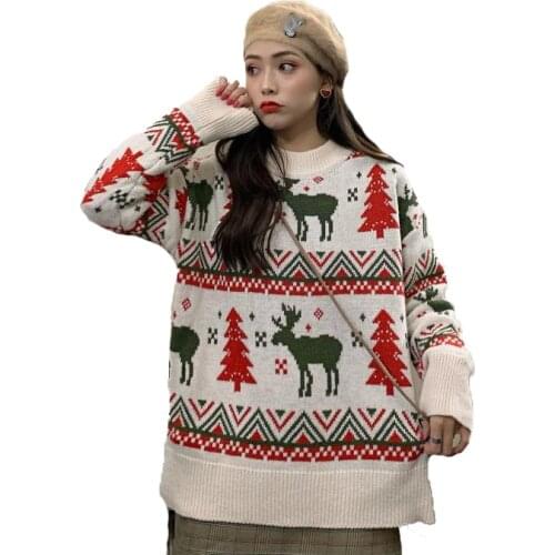AECU 2021 Women Christmas Sweater Winter Ugly Sweater Warm Knitted Jumpers Knitwear Snowflake Elk Print Sweaters And Pullovers