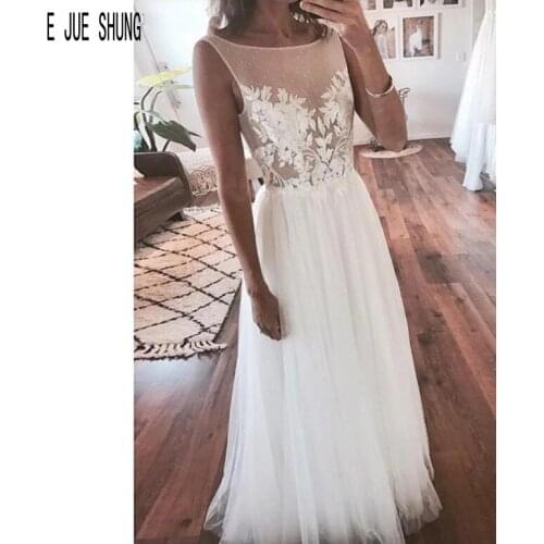 E JUE SHUNG A Line Boho Tulle Wedding Dresses Scoop Neck Lace Appliques Sheer Bride Dresses Vestido De Novia Wedding Gowns