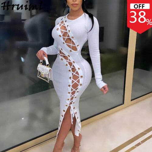 Dresses for Women Party Long Sleeve O Neck Eyelet Lace-Up Maxi Dress 2020 Autumn Fashion Solid Sexy & Club Bodycon Dress