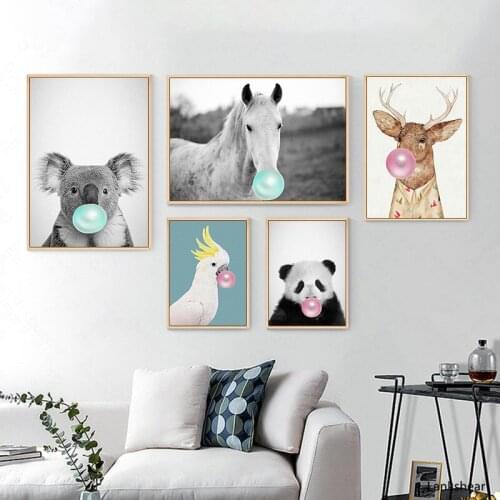 Bubble Gum Panda Horse Animals Posters Canvas Paintings Wall Art Nursery Decorative Pictures Prints Kids Room Decoration Artwork