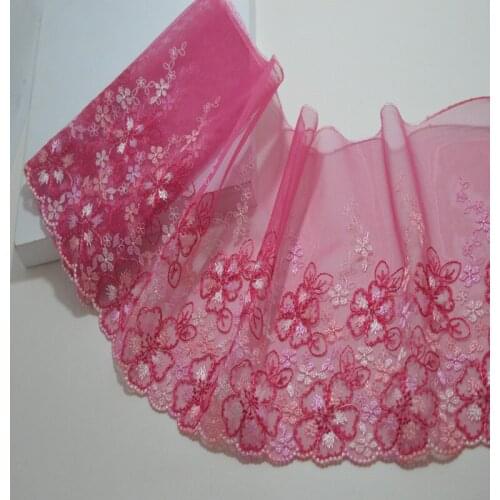 10Meters 19cm Width Floral Embroidered Lace Trim Ribbon Dress Edge Pink Flower Mesh Tulle Trimmings Sewing Fabrics Materials