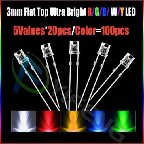 20pcs x 5 Colors = 100pcs 3mm 2pins Flat top White Red Yellow Blue Green Wide Angle light emitting diode lamp LED