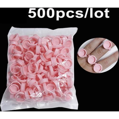 500PCS Pink Disposable Anel Batoque Microblading Tattoo Ink Ring Cap Pigment Cups for Grafting Eyelash Glue Container Holder