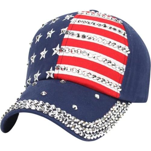 Baseball Cap For Women Men American Flag Prinitng Snapback Polyester+Rhinestone Hip Hop Casual Unisex Adjustable Flat Hat 10Jan1