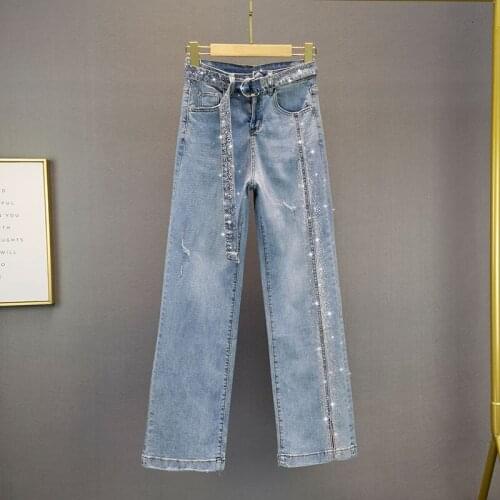 Shine Beading Women Jeans Autumn Winter 2021 High Waist Wide Leg Ankle Length Female Loose Clothing Top Quality