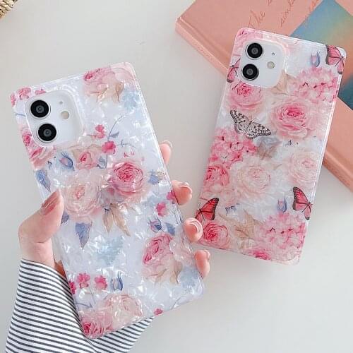 GIMFUN Pink Flower Cute Butterfly Phone Case for iPhone 11 12 Pro Max XS Max XR X 8 7 Plus Clear Floral Soft Shell IMD Case
