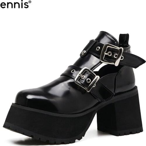 ENNIS Punk Black Boots Women Patent Leather Platform Boots High Heel Buckle Ankle Booties Chunky Heel Designer Shoes 2021 B102