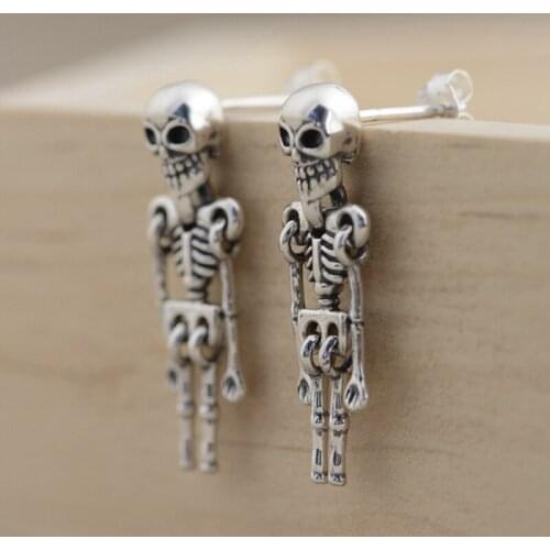 FNJ Punk Skull Earrings 925 Silver Original Pure S925 Sterling Silver Drop Earring for Women Jewelry Vintage Tassel