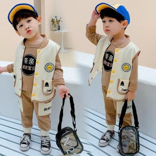 12M-8T Baby Kids Boys Clothing Sets For Autumn Spring Cute Fashion Knitting Vest+T-Shirt+Pants 3 Pieces Suit 2021 New