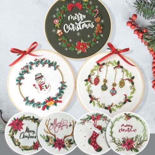 DIY Embroidery Kit with 20cm Hoop, English Instructions, Merry Christmas,Socks,Reindeer,Snowman,Sewing Needlework Painting