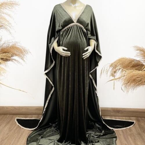 Photo Shoot Boho Robe Maxi White Edge Maternity Dress with Long Cape Pregnancy Velvet Gown for Woman Photography Accessories