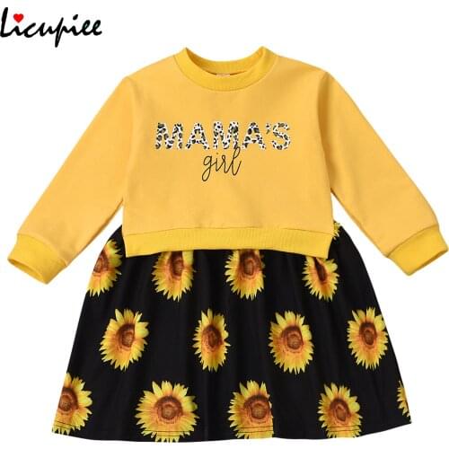 2-6 Years Girls Patchwork Sweater Dress Long Sleeve Pullover Sweater Top with Sunflower Printed Skirt Hem Casual Dress