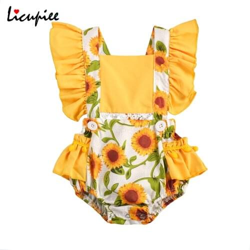 Print Bodysits Kid Toddler Baby Girls Sunflower Romper Cute Ruffle Sleeve Pom Pom Lace Trim Bodysuit Summer Clothes 0-2 Years