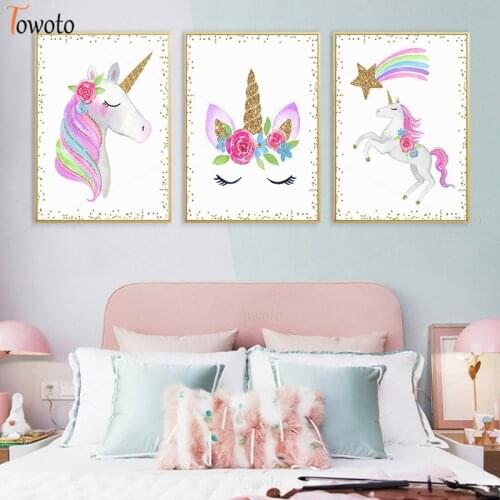 Rainbow Unicorn Pink Flower Gold Star Canvas Painting Colorful Wall Art Pictures Nursery Poster Print Girls Princess Room Decor