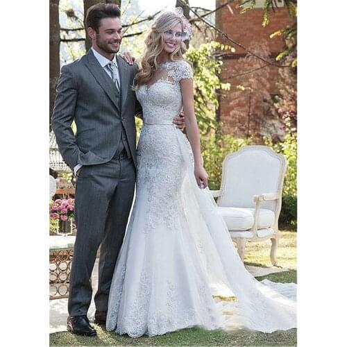 Plus Size Luxury Tulle Mermaid Wedding Dresses Illusion Lace Applique Backless Bridal Wedding Gown Vestido De Noiva