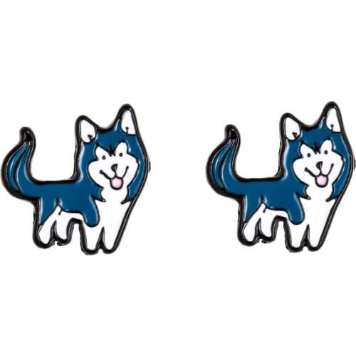 Daisies Siberian Husky Shaped Enamel Stud Earring Cute Animal Dog For Women Girls Wedding Party Fashion Jewelry