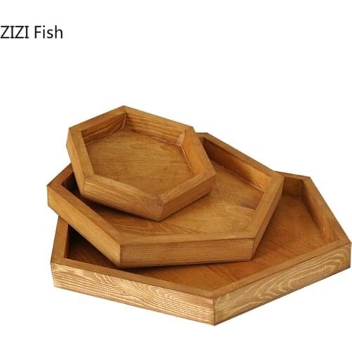 Hexagon Wood Tray Handmade 20cm/30cm/40cm Burly-wood Coffee Plate Table Decoration Dessert Makeup Jewelry Holder