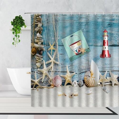 Mediterranean Style Retro Wood Grain Shower Curtain Nautical Theme Starfish Beach Lifebuoy Surfboard Home Decor Cloth Curtains