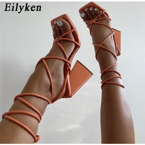 Eilyken Summer Womens Sandals High Heels Fashion Solid Color Strap Party Shoes Square Head Lace-Up Style shoes Plus Size 35-42