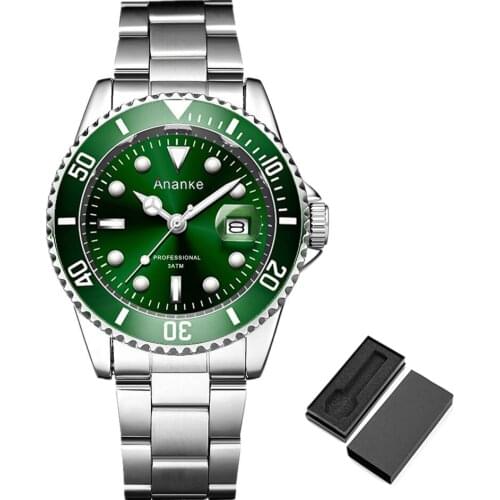 Ananke Mens Luxury Watches Waterproof Auto Date Stainless Steel Strap Luminous Blue Silver Business Quartz Watches+Box AN17