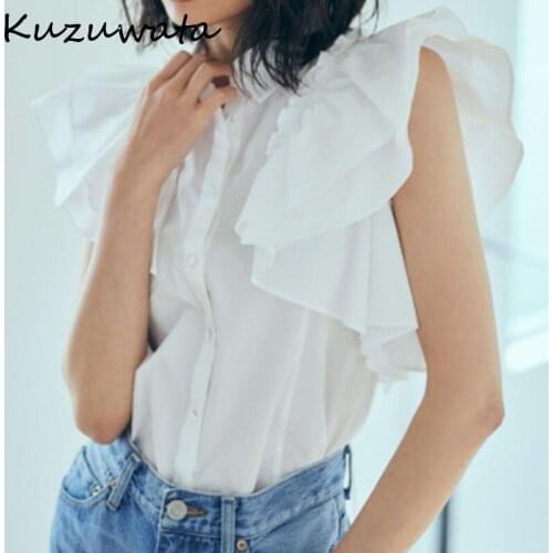 Kuzuwata Elegant Ruffles Patchwork Ol Work Style Blouse Women Turn Down Collar Short Sleeve Single Breast Blusas Summer Shirt