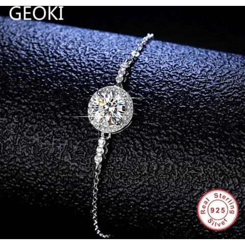 Geoki Passed Diamond Test 1 Ct Round Perfect Cut D Color VVS1 Moissanite Bracelet Luxury 925 Sterling Silver Chain for Women