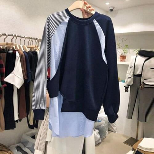 Women Sweatshirt Patchwork Striped O Neck Long Sleeve Plus Size Pullover Female 2021 Fashion Spring Autumn Loose Irregular Tops