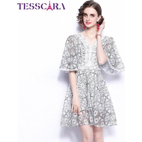 TESSCARA Women Summer Elegant Lace Dress Festa High Quality V-Neck Party Robe Femme Runway Vintage Designer A-Line Vestidos