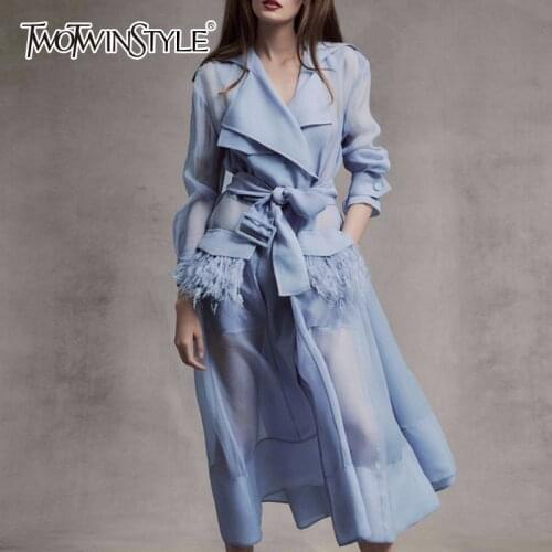 TWOTWINSTYLE Voile Lace up Windbreaker Dress Women Long Sleeve Feather Pockets Sexy Party Dresses Female Elegant Clothes 2020