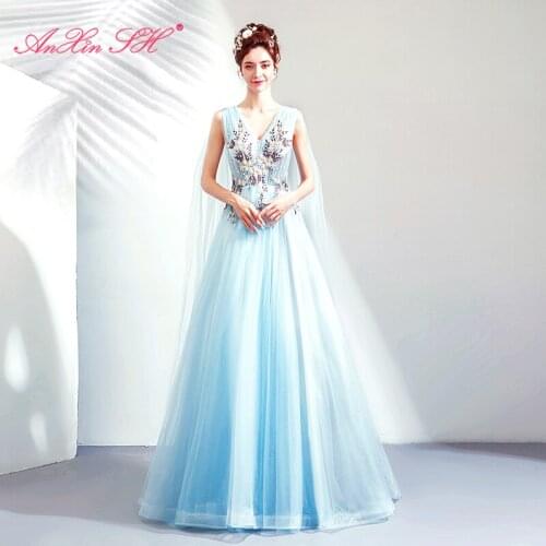 AXJFU princess blue flower evening dress blue lace crystal beading crystal sleeveless v neck luxury blue lace evening dress 667