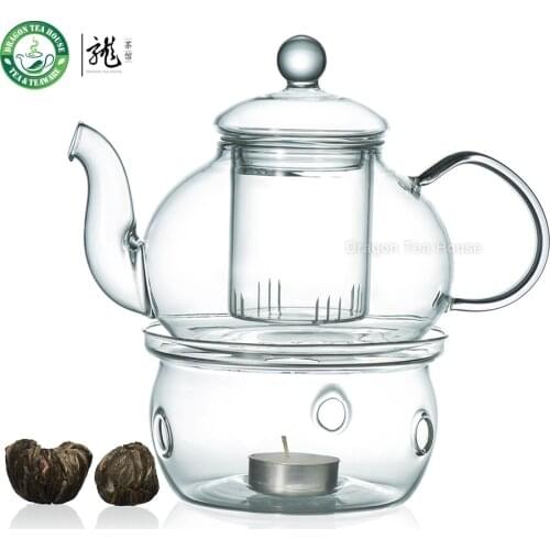12 Types Blooming Tea + Heat Resistant Glass Teapot 700ml 23.6 oz+ Glass Warmer