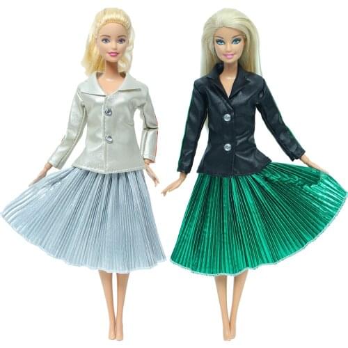 2 Sets Modern Outfits Black Champagne Leather Coat Jacket Green Gray Pleated Skirt Clothes Accessories for Barbie Doll Kids Toy