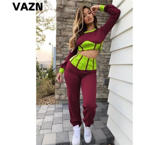 VAZN 2020 Top Quality High Street Sexy Soft Free Patchwork Young Full Sleeve Group Long Pants Skinny Women 2 Piece Set