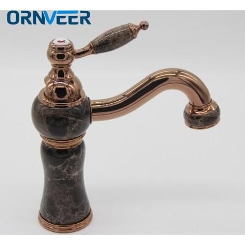 Free Shipping luxury Gold Finish Long Mouth Bathroom Sink Mixer Tap Globe Brown Marble Body Rose Gold Brass Basin FaucetA060