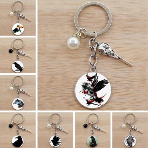 Black crow keychain cabochon pendant alloy glass keychain