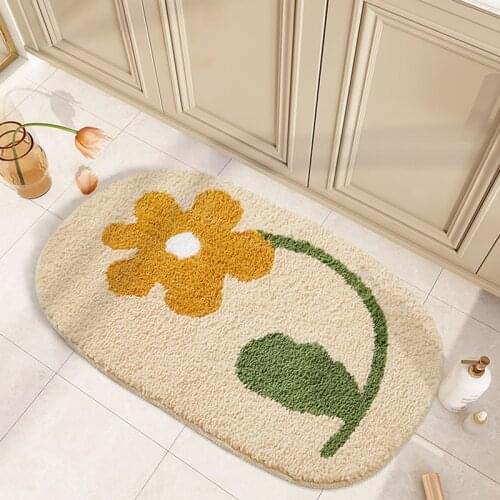 Flower Bathroom Rug Fluffy Flocking Floral Entrance Carpet Area Floor Pad Tub Side Mat Doormat Aesthetic Home Room Decor