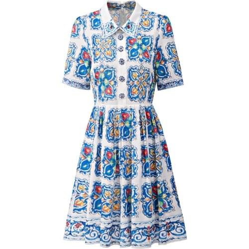 DIDABOLE Designer Summer New WomenS High-Quality Diamond Lapel Button Printing Vintage Fashion Elegant Party Casual Mini Dress