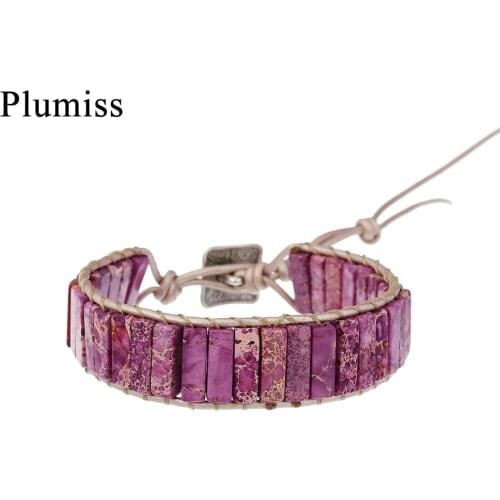 Purple Geometric Imperial Jaspers Wrap Bracelets Womens Chain Ethnic Handmade Braided Leather Boho Bracelet Jewelry for Women
