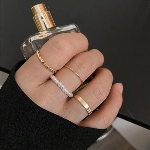 Trendy Gold Sliver Color Pearl Chain Rings Set For Women Fashion Geometric Star Moon Ball Heart Ring 2021 Party Jewelry