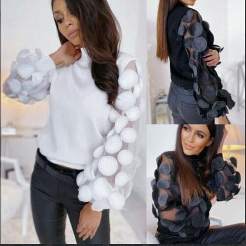 Fashion Womens High Neck Mesh Puff Long Sheer Sleeve Pullover Tops Blouse Shirts