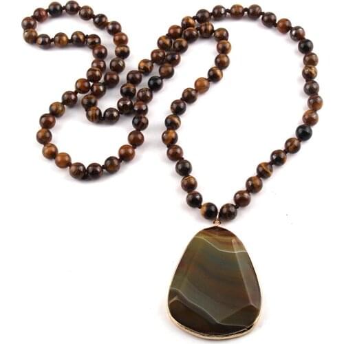 MOODPC Fashion Bohemian Jewelry Natural Tiger Eye Stone Knotted Stone Pendant Women Necklace