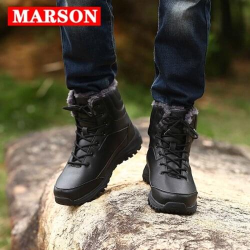 MARSON Mens Winter Snow Boots Keep Warm Mid-Calf Boot Mens Hiking Walking Shoes With Fur Outdoor No-Slip Plus Size Footwear