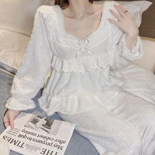 Autumn Winter Women Sweet Lolita Princess Pajamas Set Girl Cute White Lace Patchwork Sleepwear Homewear Lady Warm Lounge Pyjamas