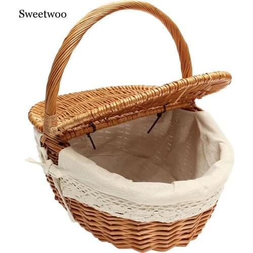 Wicker Willow Picnic Basket Hamper As Shopping Bag With Lid And Handle And White Liner For Outdoor Camping Picnic Carrying Food