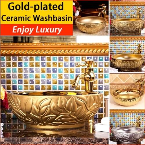 Gold Plated Art Ceramic Washbasin European Luxury Lavatory Bathroom Countertop Basin Toilet Sink Mixed Faucet Shampoo Basin