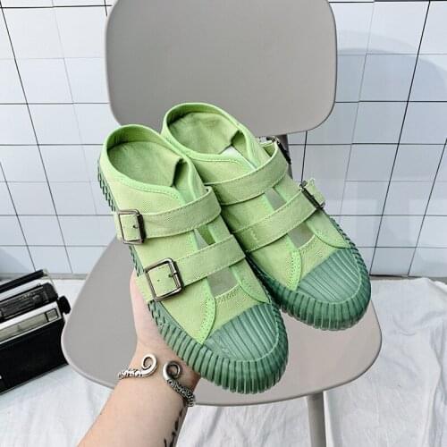 Round toe lazy cookie shoes woman double buckle belt canvas espadrilles shoes two ways wear cutout flats women snearkers 2020