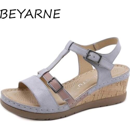 BEYARNEsummer Womens Sandals Ladies Color matching Wedges Shoes Fashion Embroidery Platform Buckle Casual Female Beach Shoes