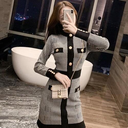 Button Plaid Knitted Dress Elegant Korean Style Women Vintage Bodycon Red Vestidos Curtos Casual Mujer Long Sleeve Office Autumn